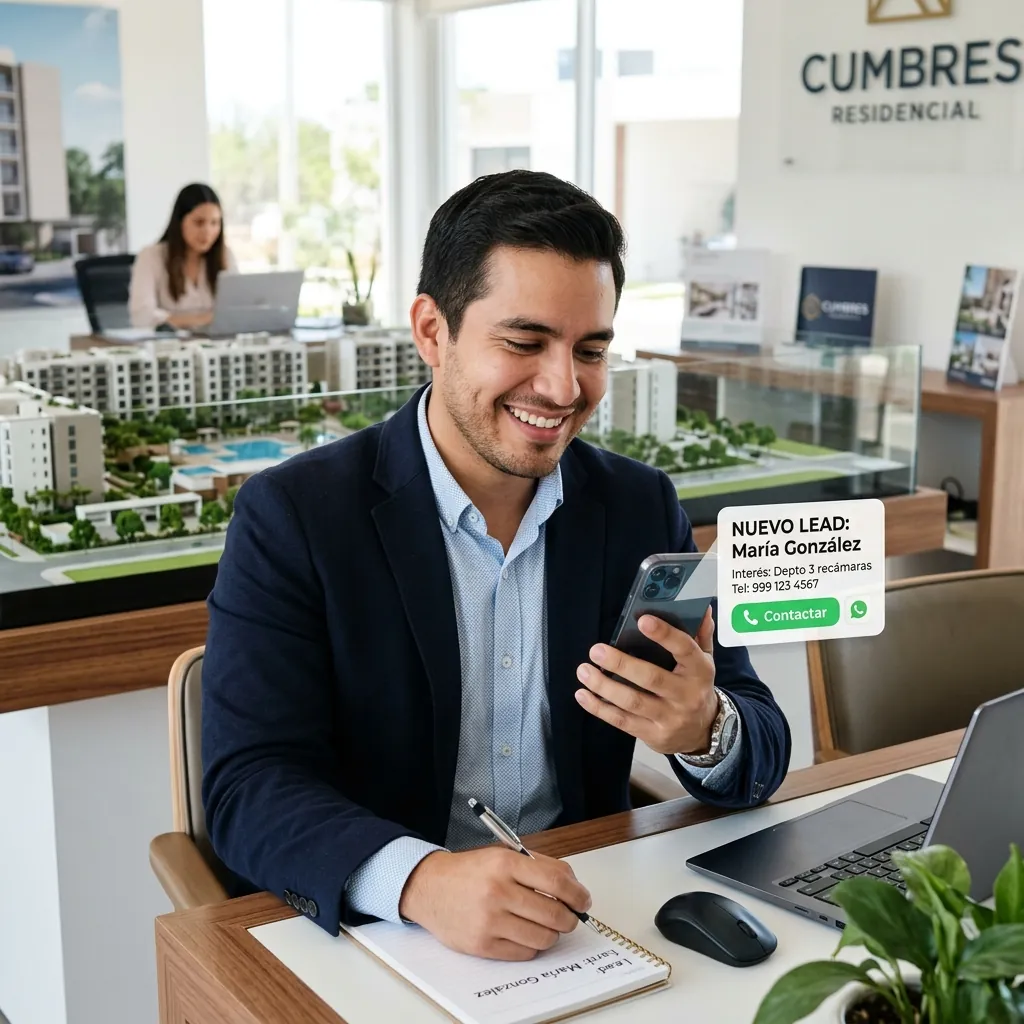 Asesor inmobiliario recibiendo notificación instantánea de nuevo lead con datos del prospecto para contactar en menos de 20 minutos