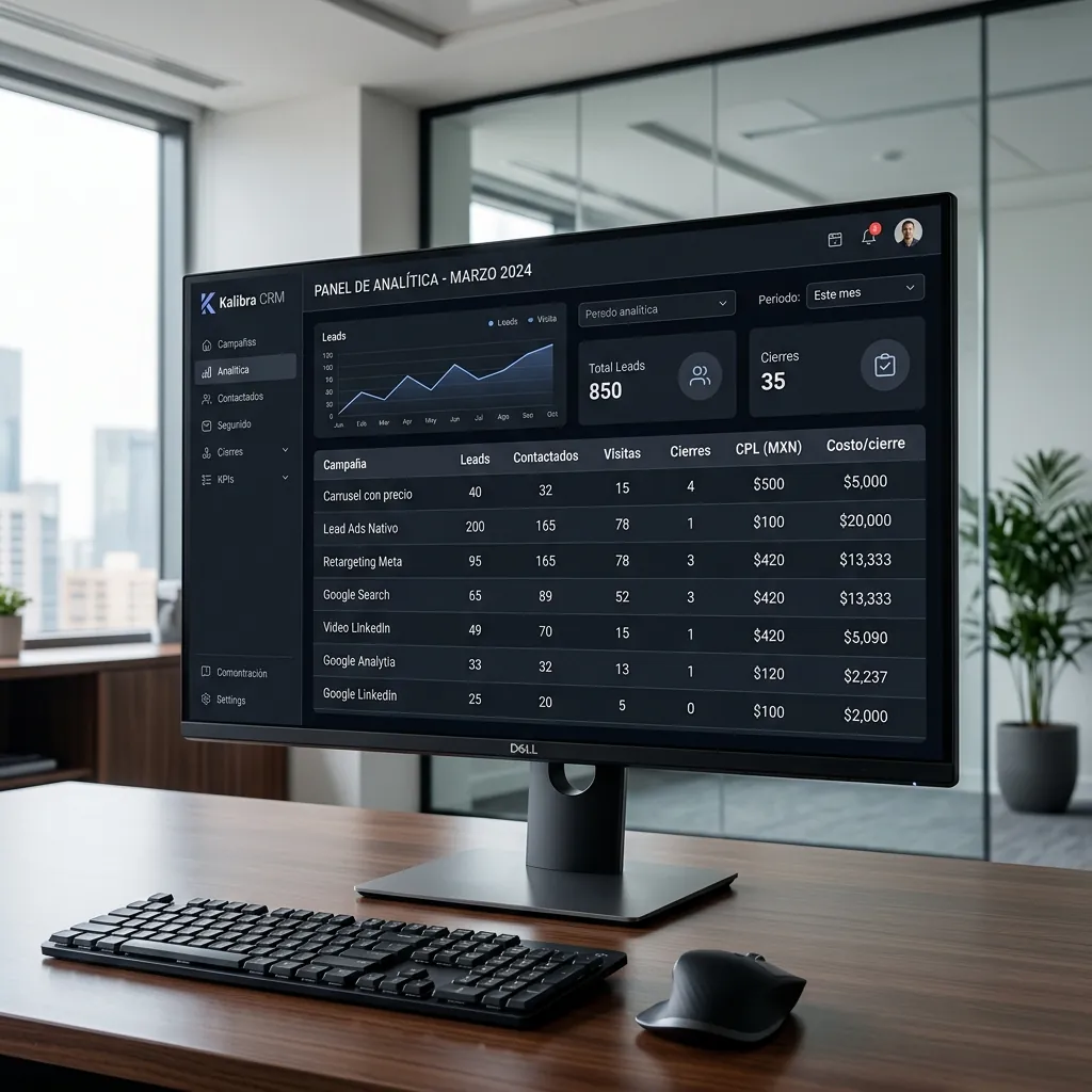 Tabla de atribución y análisis de costo por cierre en Kalibra CRM comparando campañas de Meta Ads
