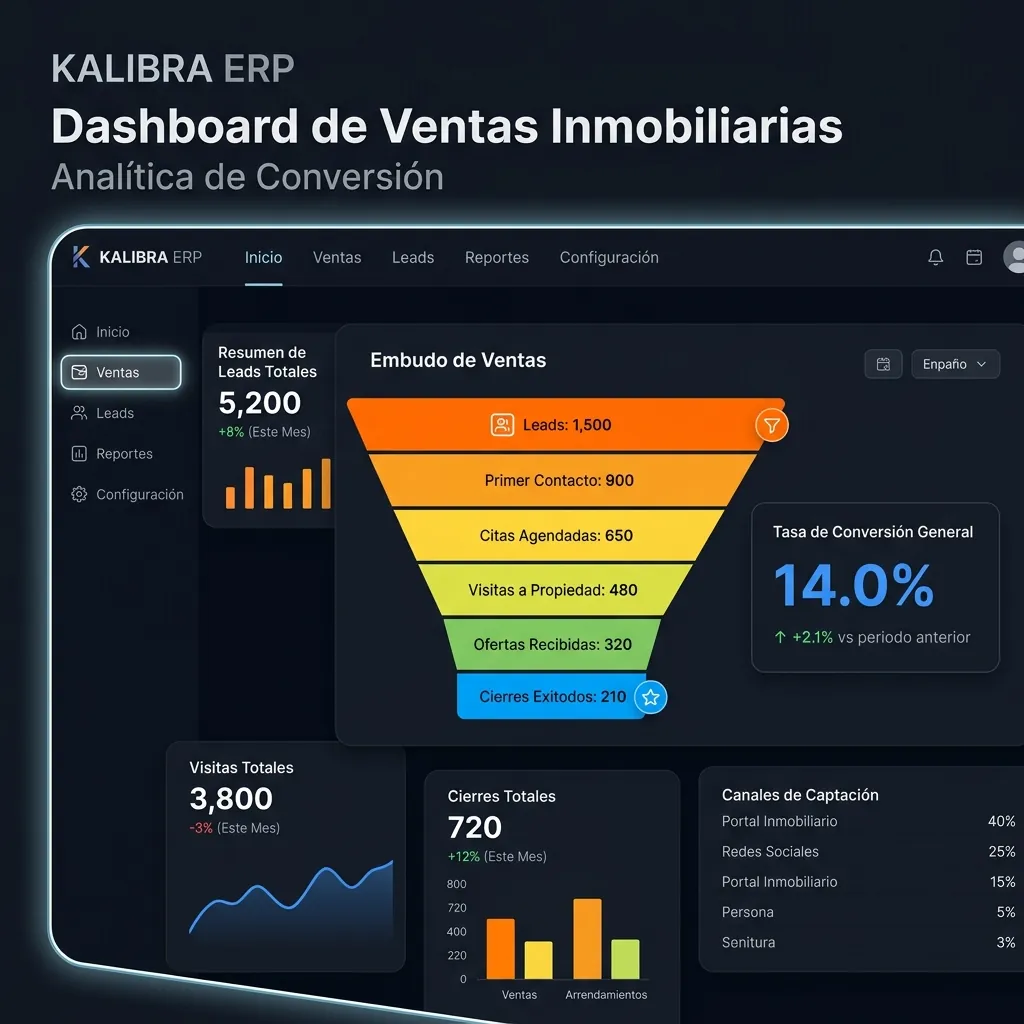 Dashboard de analítica de conversión y embudo de ventas inmobiliarias en Kalibra