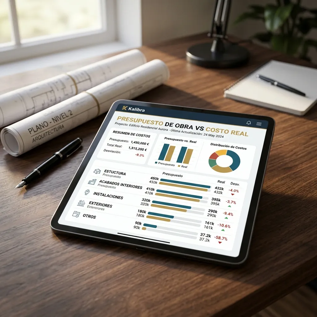 Dashboard financiero de presupuesto de obra vs costo real en español mostrando partidas de estructura, acabados, instalaciones con desviaciones y presupuestos