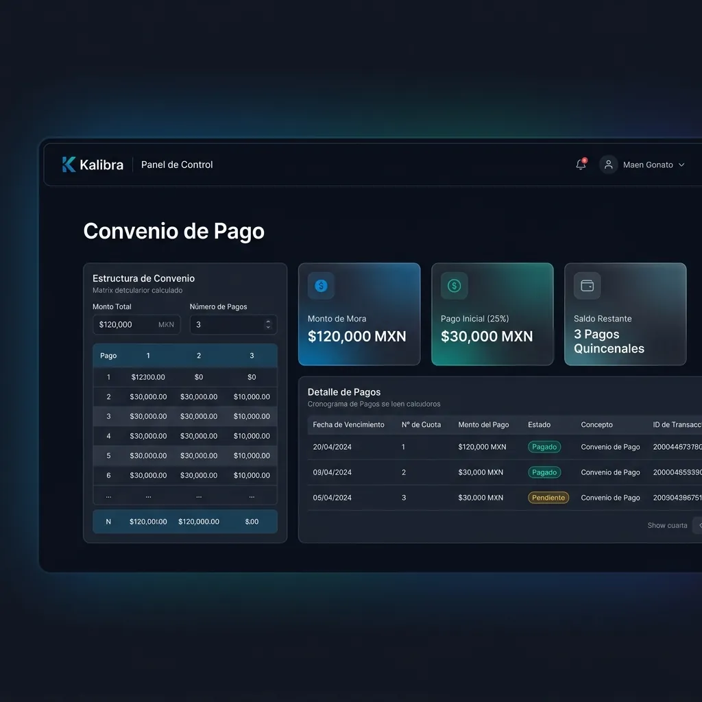 Panel de control y dashboard de convenios de pago en el módulo de cobranza de Kalibra