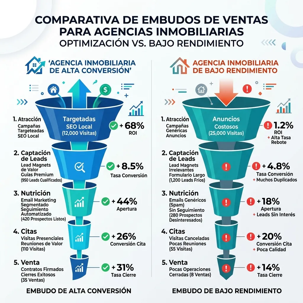 Comparativa de embudos de ventas para agencias inmobiliarias y análisis de conversión de master brokers