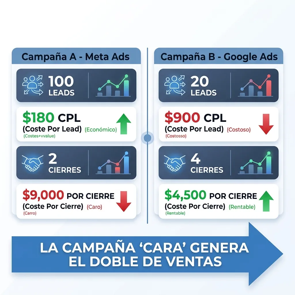 Comparación de costo por lead vs costo por cierre entre campañas de Meta Ads y Google Ads para marketing inmobiliario