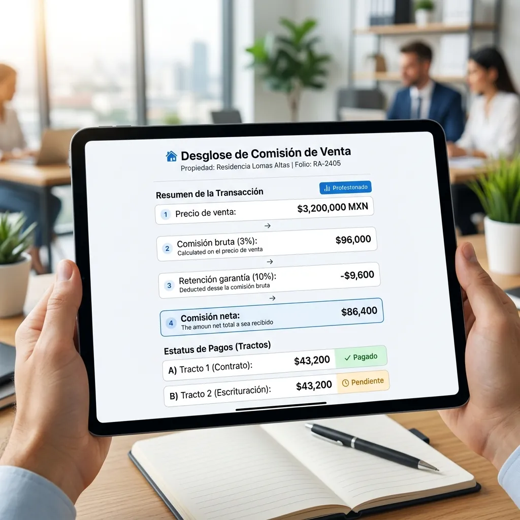 Desglose transparente de cálculo de comisiones inmobiliarias mostrando precio de venta, comisión bruta, retenciones y tractos pagados y pendientes
