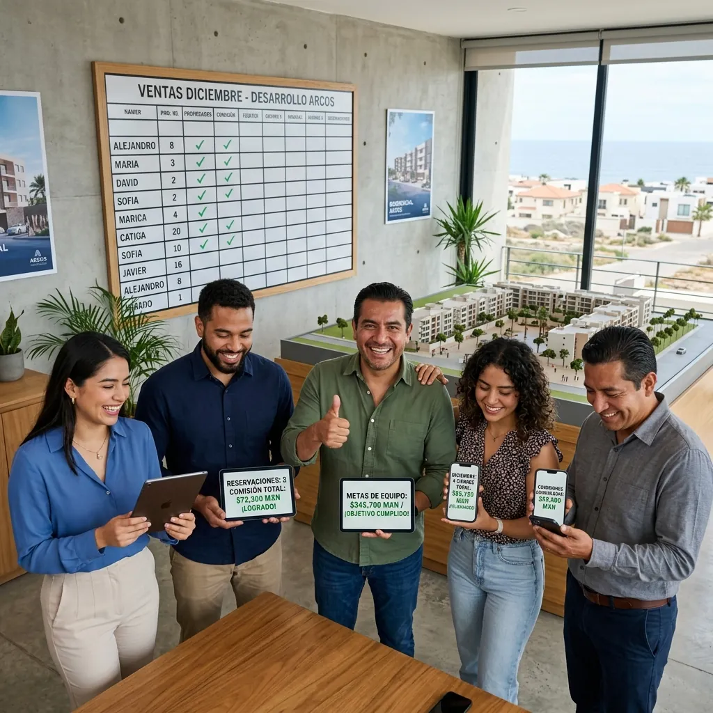 Equipo de asesores inmobiliarios motivados revisando sus dashboards de comisiones con transparencia y confianza