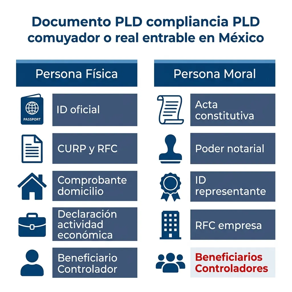 Infografía de documentos requeridos para expediente PLD inmobiliario en México: persona física y persona moral con beneficiario controlador