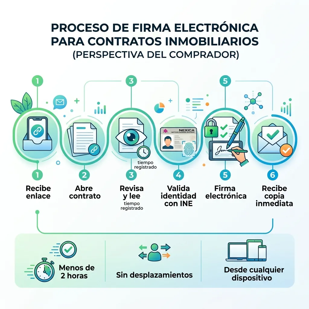Proceso de firma electrónica para contratos inmobiliarios en 6 pasos: enlace, contrato, revisión, validación INE, firma y copia inmediata en menos de 2 horas