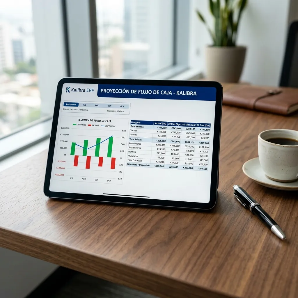 Dashboard de flujo de caja desarrolladora inmobiliaria proyección de Kalibra mostrando ingresos, egresos y disponible