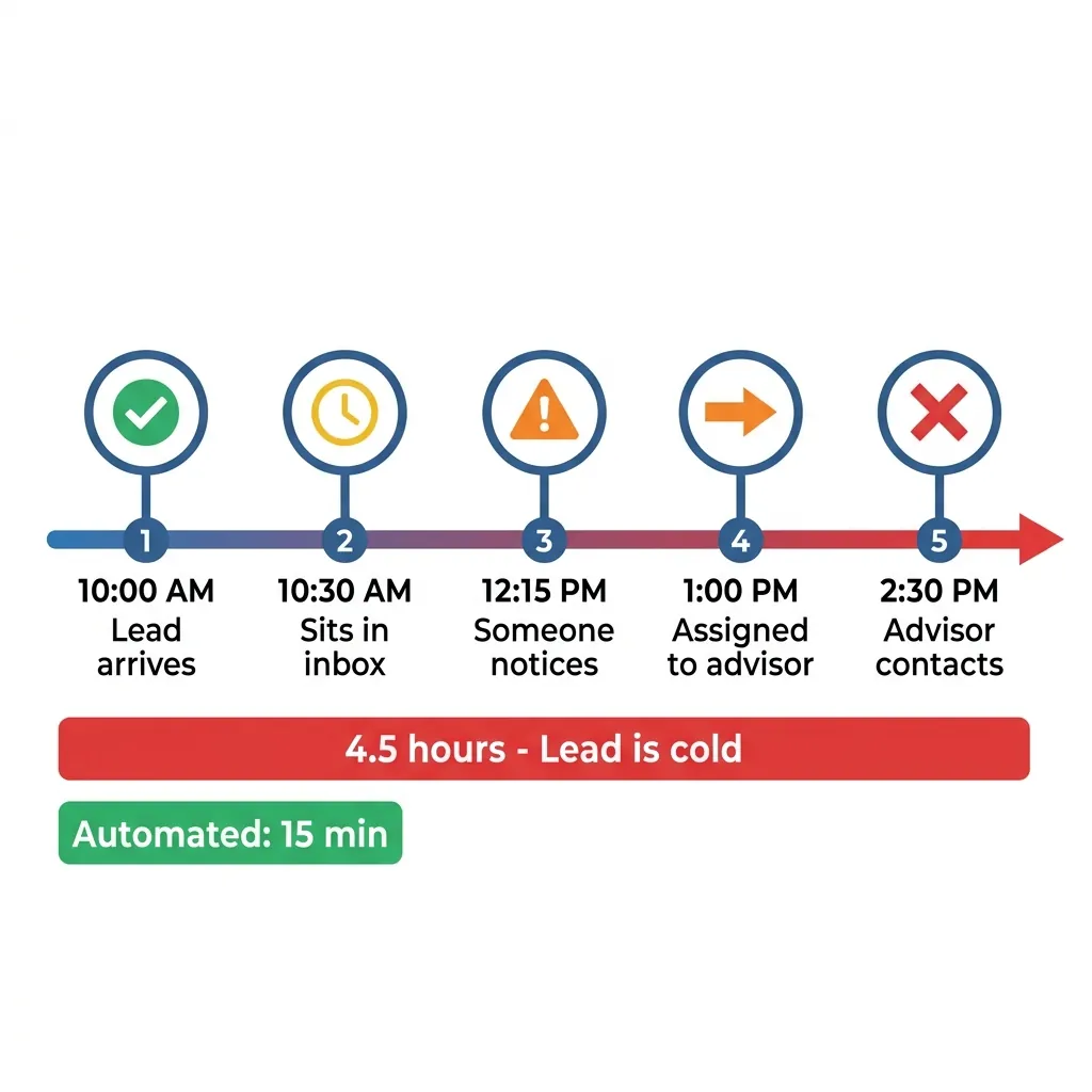 Infografía de timeline mostrando cómo un lead inmobiliario se enfría en 4.5 horas vs atención automatizada en 15 minutos