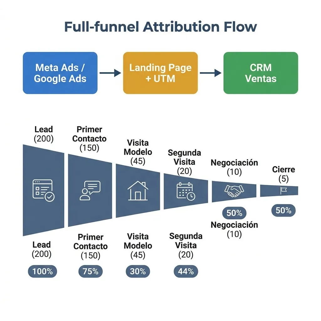 Flujo de atribución full-funnel para marketing inmobiliario conectando Meta Ads y Google Ads con CRM de ventas a través de UTMs