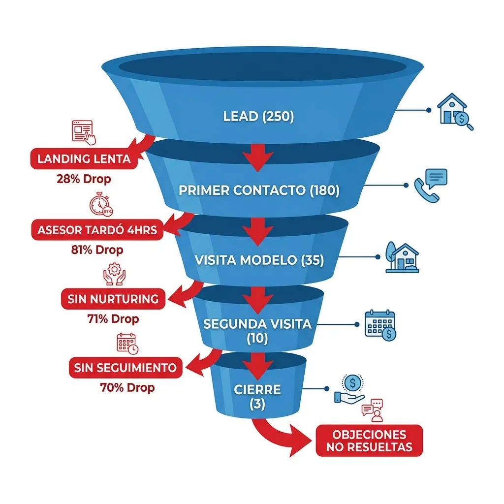 Infografía de funnel de ventas inmobiliarias mostrando los 5 puntos donde se pierden leads desde el anuncio hasta el cierre