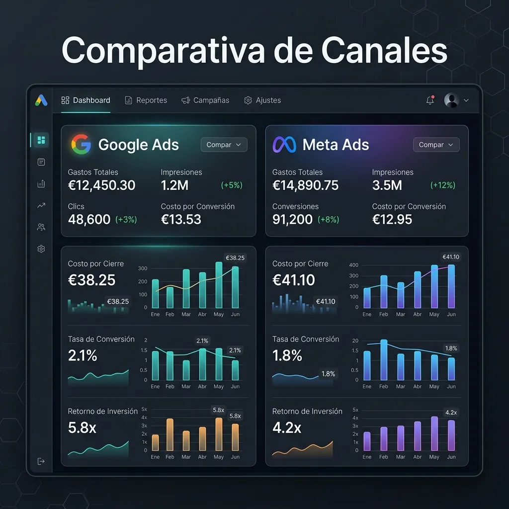 Comparativa de Google Ads vs Meta Ads para desarrolladoras inmobiliarias analizados en Kalibra