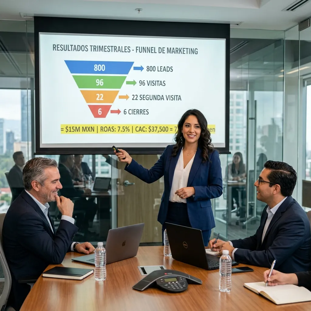 Directora de marketing presentando resultados trimestrales con funnel completo: 800 leads, 96 visitas, 6 cierres y CAC de $37,500 pesos
