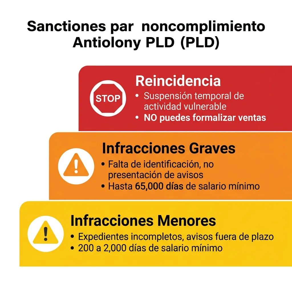 Infografía de sanciones escalonadas por incumplimiento de PLD en el sector inmobiliario mexicano: menores, graves y reincidencia