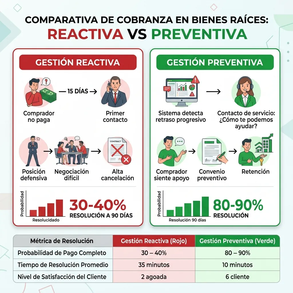 Comparación de cobranza reactiva (30-40% resolución a 90 días) vs cobranza preventiva (80-90% resolución) en desarrolladoras inmobiliarias