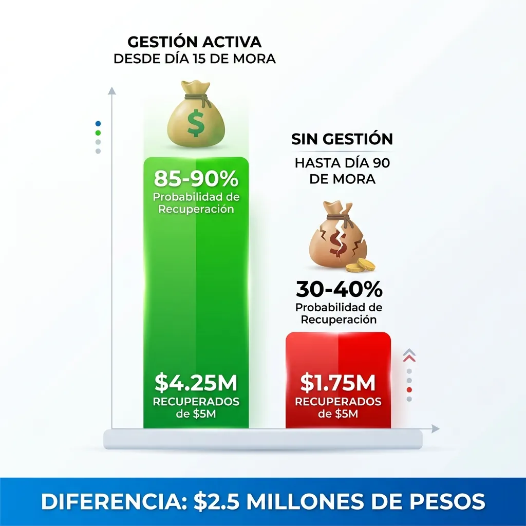 Comparación de recuperación de cartera inmobiliaria: gestión activa desde día 15 recupera $4.25M vs sin gestión hasta día 90 solo $1.75M de $5M