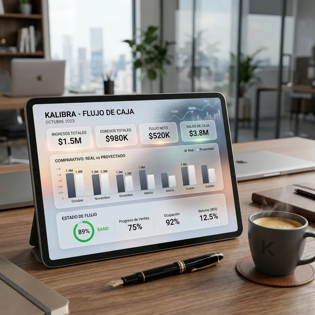 Dashboard financiero de flujo de caja en español mostrando ingresos, egresos, flujo neto y comparativo real vs proyectado