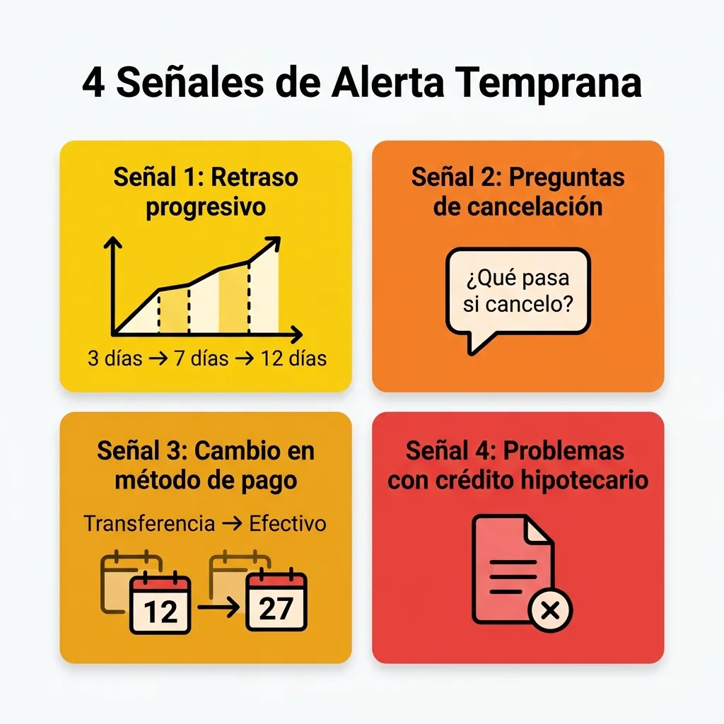 4 señales de alerta temprana de que un comprador inmobiliario va a dejar de pagar: retraso progresivo, preguntas de cancelación, cambio en método de pago y problemas con crédito hipotecario
