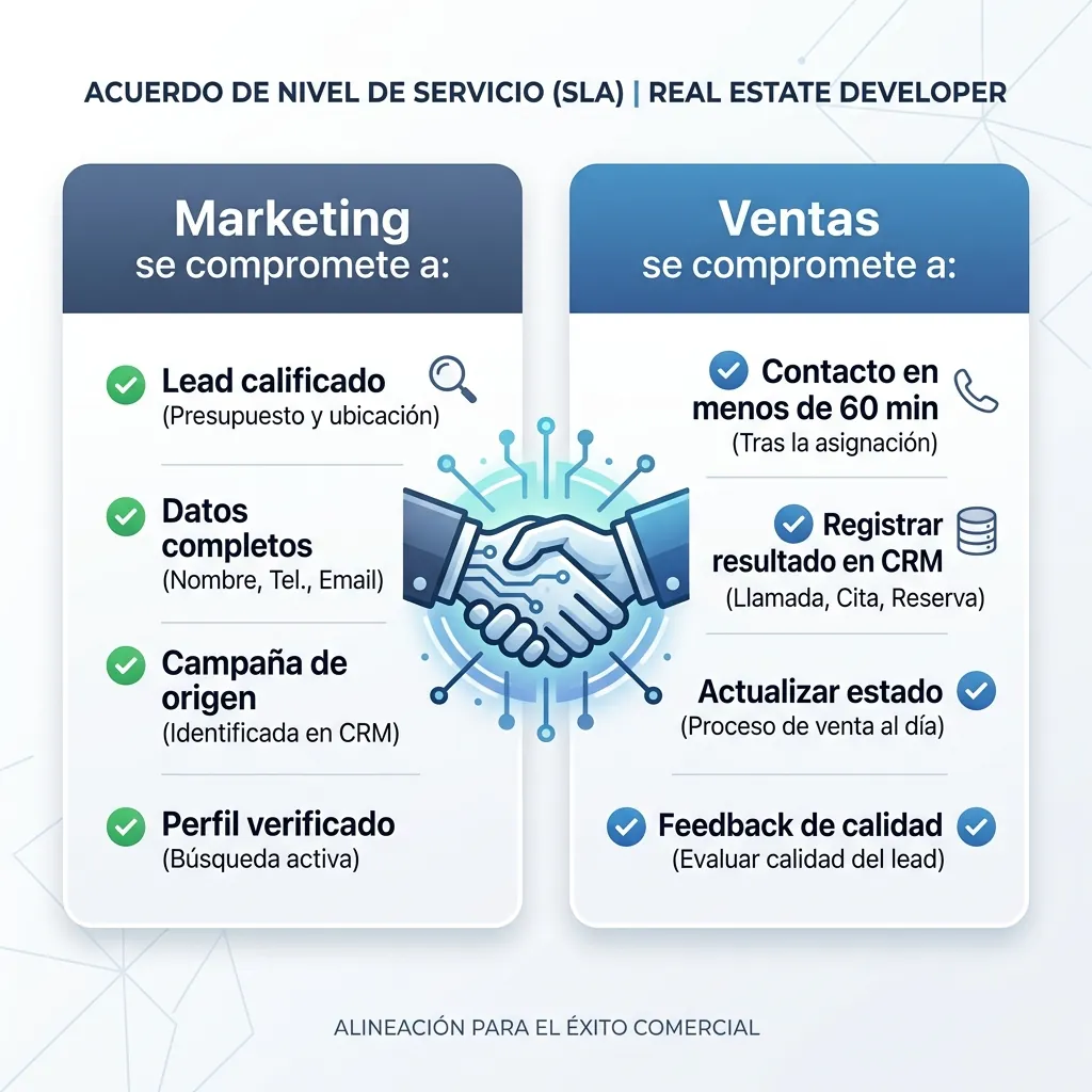 Infografía de acuerdo de nivel de servicio SLA entre marketing y ventas para desarrolladora inmobiliaria con compromisos mutuos