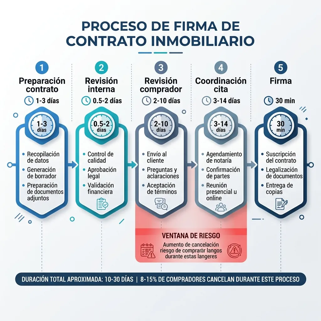 Timeline del proceso de firma de contrato inmobiliario mostrando 5 etapas que suman 10-30 días con ventana de riesgo de cancelación del 8-15%