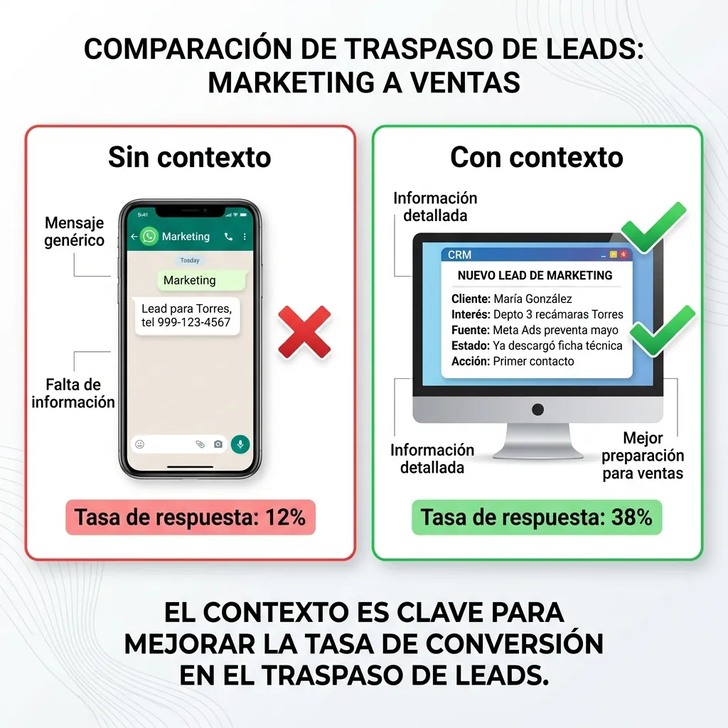 Comparación de traspaso de leads inmobiliarios sin contexto (12% respuesta) vs con contexto completo desde CRM (38% respuesta)