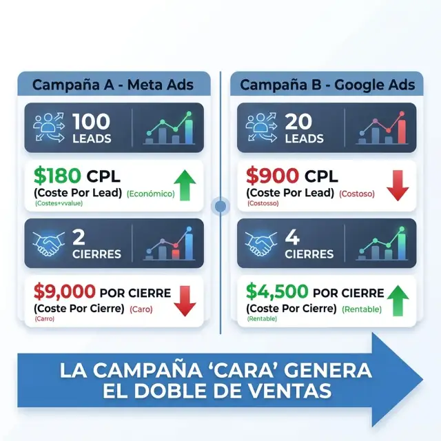 Comparación de costo por lead vs costo por cierre entre campañas de Meta Ads y Google Ads para marketing inmobiliario