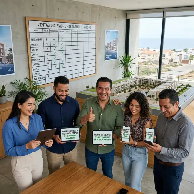 Equipo de asesores inmobiliarios motivados revisando sus dashboards de comisiones con transparencia y confianza