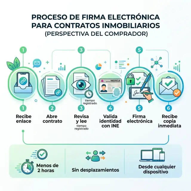 Proceso de firma electrónica para contratos inmobiliarios en 6 pasos: enlace, contrato, revisión, validación INE, firma y copia inmediata en menos de 2 horas