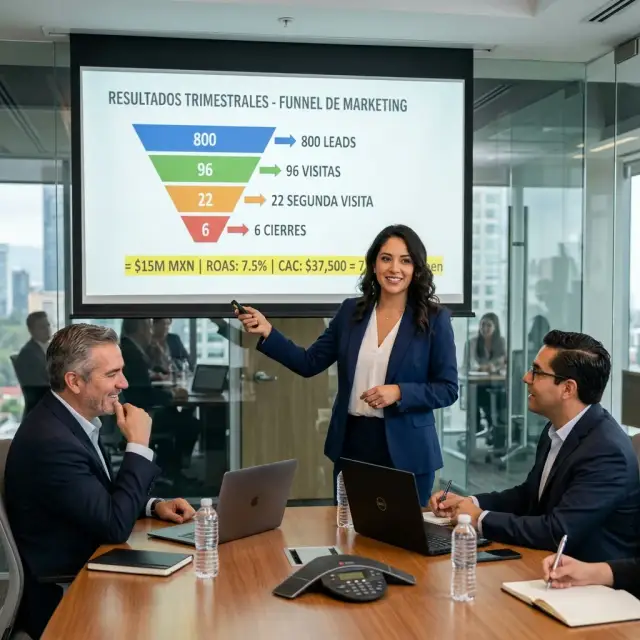 Directora de marketing presentando resultados trimestrales con funnel completo: 800 leads, 96 visitas, 6 cierres y CAC de $37,500 pesos