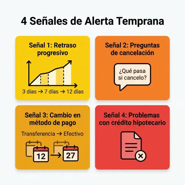 4 señales de alerta temprana de que un comprador inmobiliario va a dejar de pagar: retraso progresivo, preguntas de cancelación, cambio en método de pago y problemas con crédito hipotecario