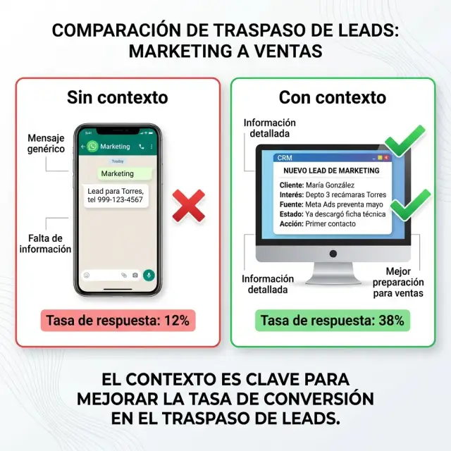 Comparación de traspaso de leads inmobiliarios sin contexto (12% respuesta) vs con contexto completo desde CRM (38% respuesta)