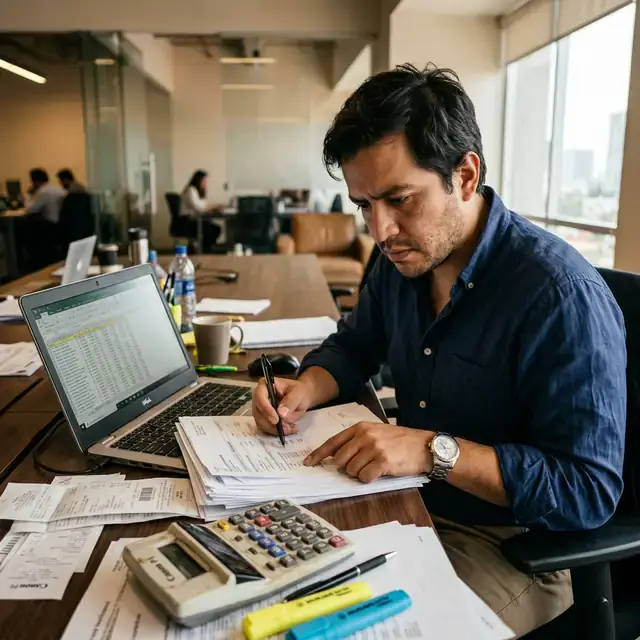 Analista administrativo en oficina inmobiliaria en México revisando múltiples carpetas físicas y estados de cuenta impresos con retrasos de escrituración