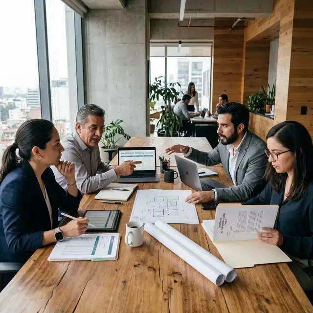 Equipo multidisciplinario de ventas, finanzas, proyectos y jurídico colaborando sobre planos y laptops en oficina inmobiliaria en México