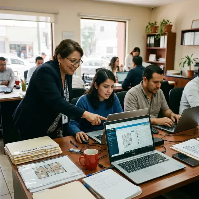Sesión práctica de capacitación por rol para equipo administrativo y comercial de desarrolladora inmobiliaria en México