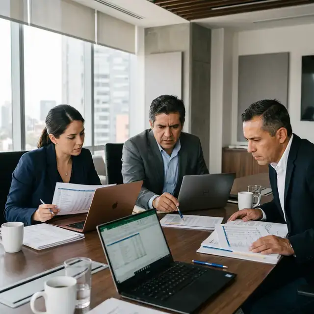 Ejecutivos de desarrolladora inmobiliaria en México comparando reportes financieros impresos y hojas de cálculo dispersas en sala de juntas